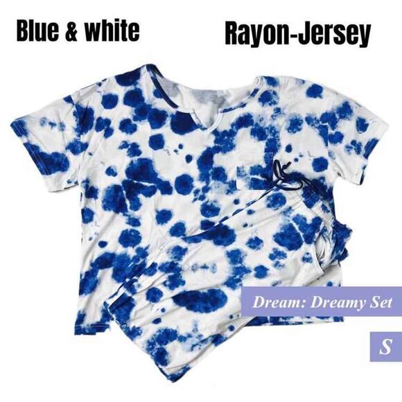 LuLaRoe Dream Dreamy Pajama Set Blue White Tie Dye Rayon Jersey Size Small NWT - Picture 2 of 2